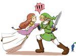  1boy 1girl blue_eyes blush brown_hair dress earrings elbow_gloves gameplay_mechanics gloves goma_tonbi hat holding holding_sword holding_weapon jewelry left-handed link long_hair master_sword pikmin_(creature) pikmin_(series) pointy_ears princess_zelda super_smash_bros. sword the_legend_of_zelda the_legend_of_zelda:_twilight_princess tiara weapon 