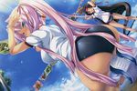 absurdres arched_back arms_up ass black_hair blue_eyes blurry blush breasts buruma cloud contemporary dark_skin day dutch_angle flag flags_of_all_nations gym_uniform hair_ribbon headband highres hikage_eiji huge_ass kneeling koihime_musou large_breasts long_hair looking_at_viewer looking_back looking_down multiple_girls official_art pink_hair ponytail ribbon shoes shuutai sky smile socks sonken sports_festival string_of_flags tareme tsurime very_long_hair wide_hips 