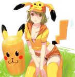  bad_id bad_pixiv_id bandaid blonde_hair breasts cleavage costume gen_1_pokemon hands hat masao medium_breasts personification pikachu pikachu_ears pokemon pokemon_ears short_hair shorts simple_background solo tail thighhighs white_background yellow_eyes 