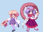  bad_id bad_pixiv_id blonde_hair eyes hair_ornament hat kou_2008 leaf_hair_ornament lowres moriya_suwako multiple_girls pixel_art purple_hair short_hair thighhighs touhou yasaka_kanako yellow_eyes 