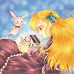  blonde_hair bunny dress jin_nai long_hair lyrical_nanoha mahou_shoujo_lyrical_nanoha_strikers mahou_shoujo_lyrical_nanoha_vivid radio red_eyes ribbon sacred_heart solo stuffed_animal stuffed_bunny stuffed_toy vivio 