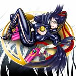  bayonetta bayonetta_(character) big_breasts black_hair blue_eyes breasts glasses gun hair_bun heels high_heels highres ice_(seriousgraphics) large_breasts lying mole red_ribbon ribbon sg_ice shoes weapon 