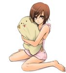  barefoot brown_eyes brown_hair casual feet kurota meiko pillow pillow_hug short_hair solo vocaloid younger 