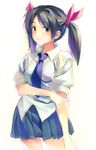  black_hair blue_eyes hair_ribbon highres necktie original ribbon school_uniform solo twintails yuuki_keisuke 