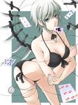  bad_id bad_pixiv_id bikini blue_eyes braid breasts card card_in_mouth cleavage collarbone falling_card front-tie_top irie_tetsuya izayoi_sakuya knife large_breasts mouth_hold pocket_watch short_hair side-tie_bikini silver_hair solo swimsuit touhou twin_braids watch 