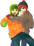  2boys beanie black_hair blue_eyes brown_eyes brown_hair clothes cold denim earflap_hat gloves hand_on_shoulder happy hat hat_pompom jeans kyle_broflovski lowres male male_focus multiple_boys pants red_hair redhead simple_background smile south_park stan_marsh winter 