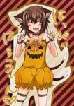  animal_ears brown_hair cat_ears cat_tail chen earrings halloween happy_halloween highres jack-o'-lantern jewelry monrooru multiple_tails short_hair solo tail thigh_strap touhou 