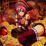  absurdres ass bare_shoulders belt breasts choker cleavage coin crown gem gold green_eyes hat highres jewelry koutaro large_breasts legs long_legs lying midriff money pink_hair pirate pirate_hat rio_rollins short_hair shorts skull_and_crossbones smile solo super_blackjack tattoo thighhighs thighs treasure_chest 