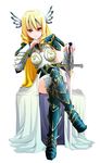  absurdres armor bad_id bad_pixiv_id blonde_hair boots bridal_gauntlets crossed_legs fantasy_earth_zero hands helm helmet highres lips long_hair mana_(blade_of_mana) red_eyes sitting solo sword thigh_boots thighhighs very_long_hair weapon 