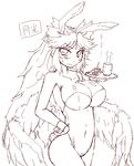  animal_ears bangs bare_shoulders between_breasts blush bow breasts bunny_ears bunnysuit cleavage collarbone curvy embarrassed fake_animal_ears food gekkou_ookami hair_bow hand_on_hip hips large_breasts long_hair looking_at_viewer monochrome navel reiuji_utsuho simple_background sketch skin_tight solo standing sweatdrop thighs touhou tray walking wavy_mouth white_background wings wrist_cuffs 