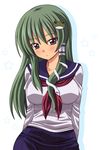  alternate_costume blush breasts frog green_eyes green_hair hair_ornament kochiya_sanae large_breasts long_hair school_uniform serafuku snake solo tachibana_(dekitate_amaguri) touhou 