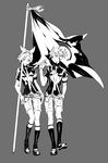  1girl brother_and_sister flag greyscale kagamine_len kagamine_rin koi_wa_sensou_(vocaloid) military military_uniform miwa_shirou monochrome siblings twins uniform vocaloid 