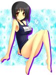  bad_id bad_pixiv_id barefoot black_hair breasts brown_eyes feet large_breasts one-piece_swimsuit original school_swimsuit short_hair sitting solo swimsuit tsukumiya_amane 