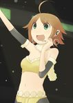  ahoge awakened_miki bad_id bad_pixiv_id beyond_the_wishes breasts brown_hair cleavage earrings green_eyes hoshii_miki idolmaster idolmaster_(classic) jewelry katakura_supipi medium_breasts microphone midriff open_mouth short_hair smile solo 