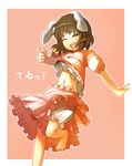  animal_ears bad_id bad_pixiv_id barefoot bloomers brown_hair bunny_ears character_name closed_eyes inaba_tewi jewelry laughing midriff navel organ_derwald pendant pointing shirt_lift skirt solo touhou underwear 