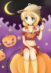  bad_id bad_pixiv_id blonde_hair blue_eyes crop_top eyes halloween happy_halloween hat midriff moriya_suwako nikoo purple_background short_hair sitting socks solo touhou 