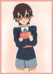  bad_id bad_pixiv_id blush brown_eyes brown_hair face glasses ikari_manatsu k-on! manabe_nodoka notebook red-framed_eyewear school_uniform semi-rimless_eyewear short_hair solo under-rim_eyewear 