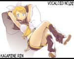  armpits arms_behind_head arms_up boots buriki character_name copyright_name crossed_legs kagamine_rin lying midriff oekaki short_shorts shorts solo thighs vocaloid 