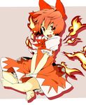  achi_cirno alternate_color alternate_costume alternate_element bad_id bad_pixiv_id barefoot bizarro cirno crossed_legs fang feet fiery_wings fire hair_ribbon happy indian_style oguro_(moyashi_2-hon) open_mouth red_eyes red_hair ribbon short_hair sitting smile solo touhou v_arms wings 