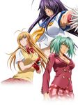  antenna_hair aqua_eyes armpit_peek armpits blue_eyes bow breasts cleavage crop_top dark_skin fingerless_gloves gloves green_eyes green_hair hair_over_one_eye ikkitousen kan'u_unchou large_breasts long_hair midriff multiple_girls orange_hair plaid plaid_skirt purple_hair red_skirt ryofu_housen school_uniform serafuku skirt smile sonsaku_hakufu sweater_vest tan twintails 