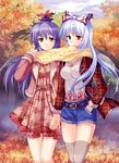  alternate_costume autumn bad_id bad_pixiv_id contemporary denim denim_shorts fujiwara_no_mokou hair_ribbon highres holding_hands kamishirasawa_keine long_hair multiple_girls orange_eyes pico_(picollector79) plaid purple_hair red_eyes ribbon scarf shared_scarf shorts thighhighs touhou white_hair 