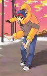  barefoot blue_eyes denim jeans kenny_mccormick lowres pants pointing sky snow south_park stan_marsh 