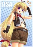  1girl :d blonde_hair blush_stickers character_name fingerless_gloves gloves halftone halftone_background hat lisa_(seiken_no_blacksmith) long_hair midriff mini_hat miyai_sen navel open_mouth pointy_ears purple_eyes salute seiken_no_blacksmith shorts smile solo very_long_hair 