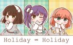 3girls blue_eyes blunt_bangs blunt_ends blush bob_cut bow cerise_bouquet chibi chibi_only column_lineup commentary_request covering_own_mouth dress finger_to_mouth frilled_sleeves frills green_eyes grey_dress hair_bow hair_bun hairband hand_over_own_mouth highres hinoshita_kaho holiday_holiday_(love_live!) long_hair long_sleeves looking_at_viewer love_live! love_live!_hasu_no_sora_jogakuin_school_idol_club medium_hair momose_ginko multiple_girls one_eye_closed orange_hair otomune_kozue outline p-man_(p_man_wktk) plaid_background short_hair short_sleeves side_ponytail sidelocks single_side_bun song_name two_side_up white_bow white_outline yellow_hairband 