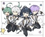  4boys 4piece_(ensemble_stars!) :d ahoge antenna_hair black_border black_bow black_bowtie black_pants blue_streaks blunt_bangs blunt_ends bob_cut border bow bowtie chain_belt coattails colored_inner_hair crossed_bangs dress_shirt earpiece ensemble_stars! fang flipped_hair floating_hair foreshortening green_eyes green_hair hair_between_eyes hand_on_own_hip highres hojo_raika idol jacket long_hair long_sleeves looking_at_viewer male_focus multicolored_hair multiple_boys no_eyewear o0_0oru official_alternate_costume one_eye_closed open_mouth outstretched_arm pants parted_lips purple_eyes purple_hair red_eyes shirt short_hair smile star_(symbol) streaked_hair tailcoat teeth traditional_bowtie twitter_username upper_teeth_only very_long_hair white_background white_hair white_jacket white_shirt 