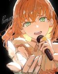  1girl bongore2668 commentary_request dress gloves green_eyes highres hinoshita_kaho holding holding_microphone looking_at_viewer love_live! love_live!_hasu_no_sora_jogakuin_school_idol_club medium_hair microphone middle_ring open_mouth orange_hair perennial_(love_live!) single-shoulder_dress single_bare_shoulder solo song_name suisai_sekai virtual_youtuber white_dress white_gloves 