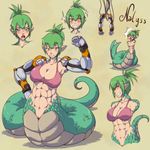  1girl abs amputee blush breasts cleavage clothed clothing cyborg gamera1985 gammatelier green_hair grin hair large_breasts looking_at_viewer naga open_mouth pussy simple_background smile solo yellow_eyes 