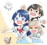  5girls :d aqua_neckerchief black_hair blue_eyes blue_hair ceras_yanagida_lilienfeld chainsaw commentary_request dress fangs ghost_costume grey_hair hair_ribbon half_updo hasu_no_sora_school_uniform highres holding holding_chainsaw jellyfish_cut kachimachi_kosuzu kanduki_kamibukuro katsuragi_izumi long_hair love_live! love_live!_hasu_no_sora_jogakuin_school_idol_club mole mole_on_neck multicolored_hair multiple_girls murano_sayaka neckerchief nervous_sweating open_mouth orange_eyes pink_ribbon puffy_short_sleeves puffy_sleeves red_neckerchief red_streaks ribbon sailor_collar sailor_dress scared school_uniform short_hair short_sleeves side_ahoge smile streaked_hair sweat virtual_youtuber white_dress white_sailor_collar winter_uniform yellow_neckerchief yugiri_tsuzuri |_| 