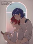 1boy 1girl aged_up amate_yuzuriha aqua_eyes artist_name blue_eyes breasts cellphone closed_mouth commentary commission couple english_commentary grey_background gundam gundam_gquuuuuux hair_between_eyes hetero highres holding holding_phone hug hug_from_behind instagram_username lida_(lidalida04) light_smile medium_breasts parted_bangs phone red_eyes red_hair shirt short_hair short_sleeves shuji_ito size_difference smartphone white_shirt window 