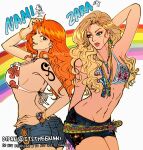  2girls arm_behind_head arm_up back-to-back bangle belt bikini bikini_top_only blonde_hair blue_bikini blue_shorts blush bracelet breasts brown_eyes character_name closed_mouth commentary cowboy_shot denim denim_shorts earrings floral_print floral_print_bikini gold_bangle halterneck hand_on_own_hip highres itstheenami jewelry large_breasts lips log_pose long_hair looking_at_another multiple_girls nami_(one_piece) navel necklace official_alternate_costume one_piece orange_hair parted_lips pearl_earrings print_bikini rainbow real_life red_lips short_shorts shorts shoulder_tattoo stomach swimsuit tattoo twitter_username wavy_hair white_bikini zara_larsson 
