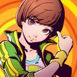  brown_eyes brown_hair chromatic_aberration ilya_kuvshinov jacket looking_at_viewer md5_mismatch persona persona_4 persona_4:_dancing_all_night persona_dancing satonaka_chie short_hair solo sweatband track_jacket upper_body 