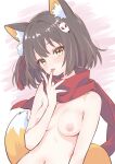  1girl absurdres animal_ear_fluff animal_ears black_hair blue_archive breasts fox_ears fox_girl fox_hair_ornament fox_tail hair_ornament highres izuna_(blue_archive) licking licking_finger licking_own_finger looking_at_viewer medium_breasts mo_mo_mo79 navel nipples pom_pom_(clothes) pom_pom_hair_ornament red_scarf scarf short_hair solo tail tongue tongue_out upper_body yellow_eyes 