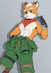  1boy abs animal_ears asumono_krom commentary english_commentary fox_boy fox_ears fox_mccloud from_below furry furry_male gloves green_jumpsuit grey_background grey_gloves hand_on_own_hip highres holding holding_screwdriver jumpsuit jumpsuit_around_waist looking_down male_focus mario_(series) muscular muscular_male neckerchief open_jumpsuit open_mouth pectorals red_neckerchief screwdriver star_fox the_super_mario_galaxy_movie 