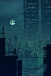  1girl billboard c._johnson chinese_commentary city city_lights commentary_request cyberpunk dithering dress from_side full_moon highres long_hair moon night original outdoors power_lines railing scenery skyline wide_shot 