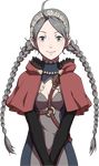  ahoge braid breasts cleavage eponine_(fire_emblem_if) fire_emblem fire_emblem_if grey_hair hairband hooded_cape official_art red_cape simple_background solo twin_braids upper_body 
