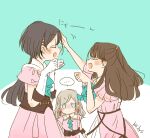  ... 3girls aqua_ascot aqua_background ascot black_hair brown_hair ceras_yanagida_lilienfeld closed_mouth commentary_request dot_mouth dream_believers dress expressionless fujishima_megumi gloves hair_ornament headpat jealous jellyfish_cut jitome kase_(ks_lys) katsuragi_izumi long_hair love_live! love_live!_hasu_no_sora_jogakuin_school_idol_club multiple_girls nyan paw_pose pink_dress short_sleeves simple_background spoken_ellipsis triangle_hair_ornament twitter_username two_side_up under-elbow_gloves virtual_youtuber white_gloves 