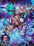  1girl 2020 aqua_hair armillary_sphere armor artist_name asteroid_field bikini bikini_armor blue_eyes blue_gem breasts chain company_name copyright_name copyright_notice crystal dated detached_sleeves faulds fingernails full_body galaxy gem gold_trim gorget gradient_hair groin hair_spread_out high_heels highres holding holding_staff impossible_clothes large_breasts legend_of_the_cryptids light_particles lips long_hair looking_at_viewer mage_staff magic micro_bikini milky_way multicolored_hair pauldrons planet purple_skirt reaching reaching_towards_viewer realistic shoulder_armor showgirl_skirt skirt sky solo space staff star_(sky) star_(symbol) starry_sky starry_sky_background swimsuit tiara white_hair yu_cheng_hong 