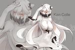  breasts cleavage covered_mouth dress horns kantai_collection large_breasts long_hair looking_at_viewer midway_hime pale_skin red_eyes shinkaisei-kan solo very_long_hair white_dress white_hair white_skin yexin 