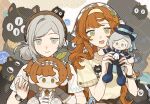  2girls :d alternate_costume alternate_hairstyle brown_hairband carbuncle_(reverse:1999) character_doll chinese_commentary commentary_request creature doll dress green_eyes grey_eyes grey_hair hair_bun hairband highres holding holding_doll looking_at_viewer multiple_girls open_mouth orange_hair polka_dot polka_dot_background reverse:1999 sanwei_tangdou shirt short_hair short_sleeves single_side_bun smile sonetto_(reverse:1999) vertin_(reverse:1999) white_shirt yarn yarn_ball yellow_background yellow_dress yellow_hairband 