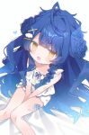  1girl :d absurdres ahoge amamiya_kokoro amamiya_kokoro_(6th_costume) bare_shoulders between_legs blue_hair blunt_bangs blush cloud_hair_ornament commentary double_bun eringikinono fang feet_out_of_frame hair_bun hair_intakes hair_ornament hairclip hand_between_own_legs heart heart_print highres long_hair looking_at_viewer nijisanji open_mouth print_shirt print_shorts shirt shorts simple_background sitting skin_fang sleeveless sleeveless_shirt smile solo untranslatable_commentary very_long_hair virtual_youtuber white_background white_shirt white_shorts x_hair_ornament yellow_eyes 