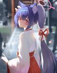  1girl absurdres animal_ear_fluff animal_ears blue_archive blue_hair blurry blurry_background chinese_commentary closed_mouth commentary_request extra_ears hakama hakama_skirt halo highres japanese_clothes kimono long_hair long_sleeves looking_at_viewer official_alternate_costume outdoors petals pink_eyes pink_halo pink_petals ponytail red_skirt serika_(blue_archive) serika_(new_year)_(blue_archive) skirt solo white_kimono wide_sleeves zhileng_zhil 