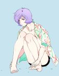  1boy barefoot black_shorts collarbone commentary_request feet fingernails garma_zabi grabbing_own_feet gundam hands_on_feet hawaiian_shirt interlocked_fingers knees_together_feet_apart male_focus medium_hair mobile_suit_gundam p.kibi purple_eyes purple_hair shirt short_shorts shorts sitting solo toenails toes water_drop wet 