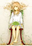  autumn_leaves bare_legs barefoot blonde_hair brown_hair chair flower frilled_shirt frills hair_flower hair_ornament highres leaf looking_away loundraw naked_shirt original plant shirt signature sitting solo white_shirt 