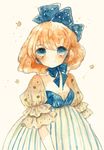  ano_(petit) arms_at_sides bad_id bad_pixiv_id blonde_hair blue_eyes breasts bubble_skirt choker cleavage curly_hair dress frilled_sleeves frills frown hair_ornament looking_at_viewer original puffy_sleeves ribbon ribbon_choker short_hair skirt small_breasts solo star star_print striped striped_dress 