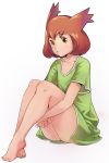  1girl artist_name barefoot brown_eyes brown_hair creatures_(company) full_body game_freak green_shirt kanon_(pokemon) knees_up leg_hug looking_at_viewer metalmorag nintendo pokemon pokemon_m05 shirt short_hair sitting solo spiked_hair white_background 