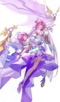  2girls absurdres breasts chinese_commentary color_connection commentary_request corset cyrene_(demiurge)_(honkai:_star_rail) cyrene_(honkai:_star_rail) diamond-shaped_pupils diamond_(shape) dress elf elysia_(herrscher_of_human:_ego)_(honkai_impact) elysia_(honkai_impact) flower gloves hair_color_connection hair_flower hair_ornament high_heels highres honkai:_star_rail honkai_(series) honkai_impact_3rd inoue_marina large_breasts long_hair long_pointy_ears multiple_girls pink_hair pointy_ears purple_eyes short_hair simple_background symbol-shaped_pupils veil very_long_hair voice_actor_connection wazh white_background white_corset white_dress white_gloves white_veil yanning 